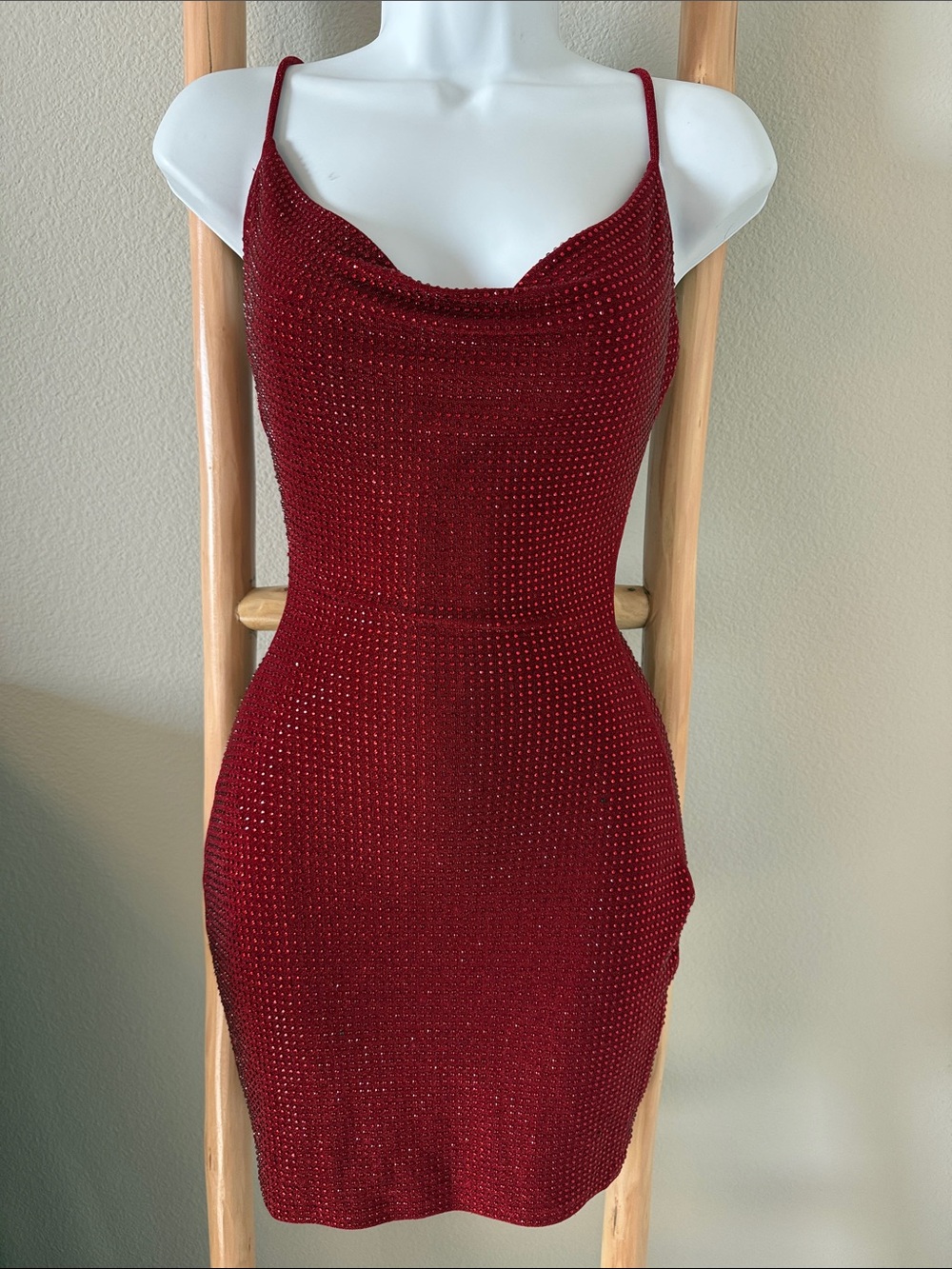 Windsor | Red Rhinestone Cowl Neck Mini Dress - Picture 3 of 9